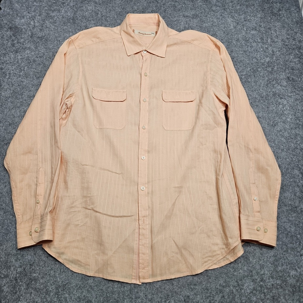 Tommy Bahama Mens Peach Orange Linen Blend‎ Long Sleeve Button Up Shirt Large